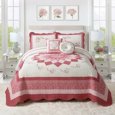 Modern Heirloom Caroline Floral Embroidered And Pieced Single Bedspread/coverlet In Red;ivory