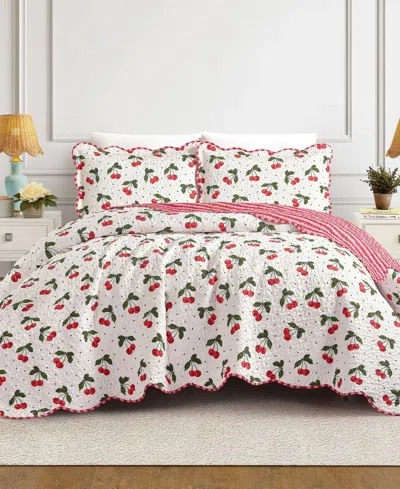 Modern Heirloom Cherry Reversible Scalloped 3-piece Quilt Set, Full/queen In Red