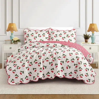 Modern Heirloom Cherry Reversible Scalloped Quilt Set In Red