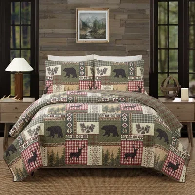 Modern Heirloom Dorset Lodge Cotton Reversible Rustic Quilt Set In Green;red;beige