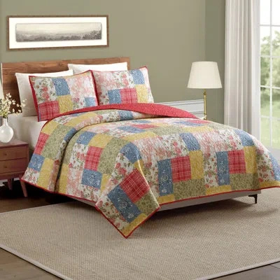 Modern Heirloom Farmhouse Florals Patchwork Printed Quilt Set In Blue;red;yellow