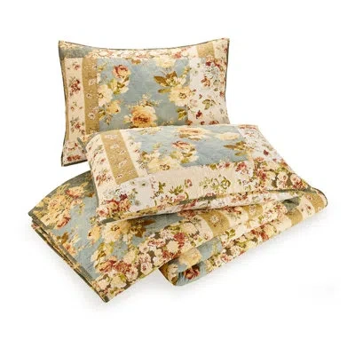 Modern Heirloom Floral Patch 3-piece Cotton Quilt/coverlet Set In Blue;yellow;ivory