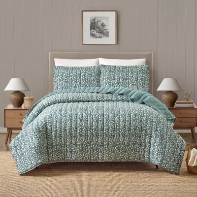 Modern Heirloom Floral Vine Silhouette Block Print Cotton Voile 3-piece Quilt Set In Blue