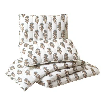 Modern Heirloom Mughal Flower Block Print 3-piece Cotton Voile Quilt Set In Cream