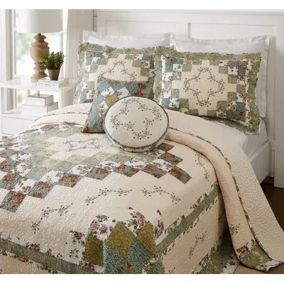 Modern Heirloom Olivia Embroidered Patchwork Single Bedspread/coverlet In Green;ivory