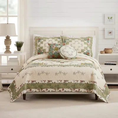 Modern Heirloom Olivia Floral Embroidered Patchwork 3-piece Quilt Set In Green;ivory