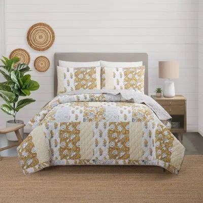 Modern Heirloom Saffron Floral Patchwork Printed Microfiber 3-piece Quilt Set In Gray;beige;yellow;cream