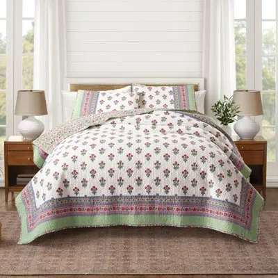 Modern Heirloom Serena Floral Reversible Cotton Quilt Set In Blue;green;pink;ivory