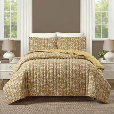 Modern Heirloom Sketched Floral Block Print 3-piece Cotton Voile Quilt Set In Gold