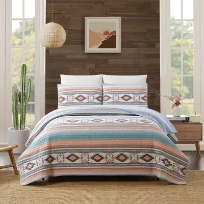 Modern Heirloom Sunset Canyon Cotton Reversible Rustic Quilt Set In Blue;brown;orange;cream