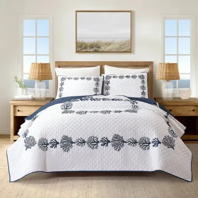Modern Heirloom Tranquil Reef Reversible Cotton Quilt Set In Blue;white