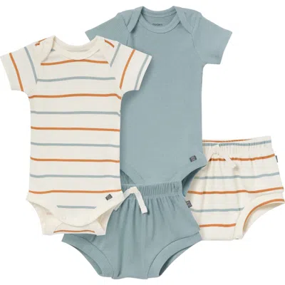 Modern Moments™ By Gerber Babies'  Coordinating 4-pack Bodysuit & Shorts Set In Ivory 2 Color Stripe/med Teal