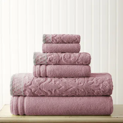 Modern Threads 6-piece Damask Jacquard Towel Set With Embellished Border In Pink