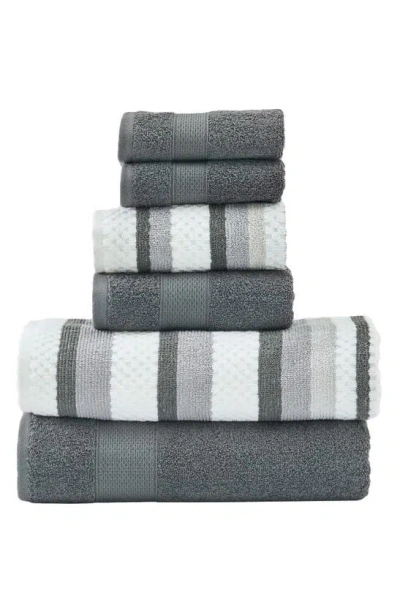 Modern Threads 6-piece Mixed Stripe & Solid Cotton Towel Set In Gray