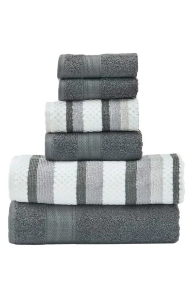 Modern Threads 6-piece Mixed Stripe & Solid Cotton Towel Set In Coal