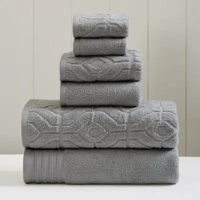 Modern Threads 6 Piece Set, 2 Bath Towels, 2 Hand Towels, 2 Washcloths, Diamond Gate Jacquard/solid Towel Set In Charcoal