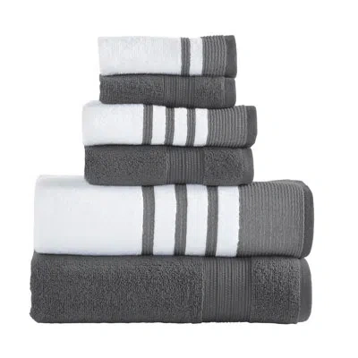 Modern Threads 6 Piece Set, 2 Bath Towels, 2 Hand Towels, 2 Washcloths, Quick Dry White/contrast Reinhart In Coal