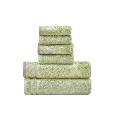 Modern Threads 6-piece Damask Jacquard/solid Ultra Soft 550gsm 100% Combed Cotton Towel Set With Embellished Border In Sage
