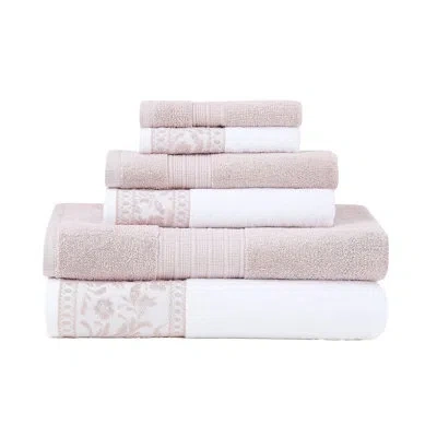 Modern Threads 6-piece Jacquard Border Towel Set Allie – 100% Cotton, Quick Dry & Absorbent Bath, Hand & Washcloths In Blush Pink