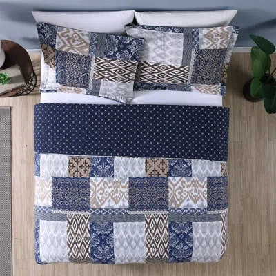 Modern Threads Laura 100% Cotton Printed Reversible Quilted Coverlet Set In Blue,brown,beige,white,gray