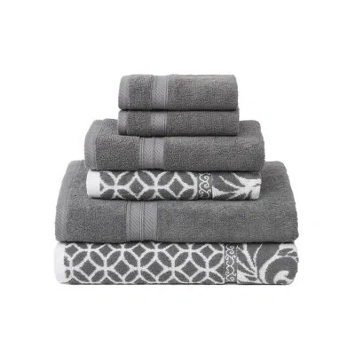 Modern Threads Trefoil Filigree 6-piece Reversible Yarn Dyed Jacquard Towel Set – 100% Cotton, Quick Dry & Absorben In Platinum
