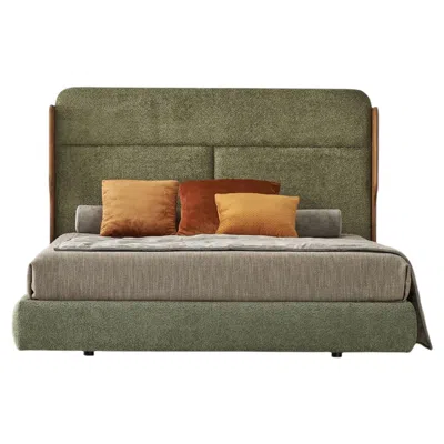 Pre-owned Modesign Tobia Olive Bouclé Bed With Canaletto Walnut Frame In Brown