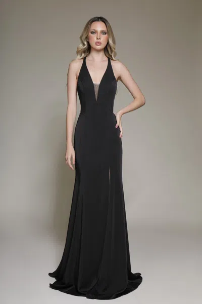 Modessa Couture M19045 Long Prom High Slit Formal Evening Dress In Black