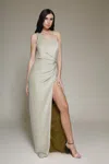 Modessa Couture M19047 Long Formal Slit Prom Pleated Dress In Gray