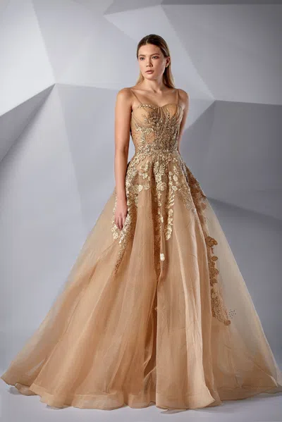 Modessa Couture M20223 A Line Long Formal Prom Beaded Dress In Brown