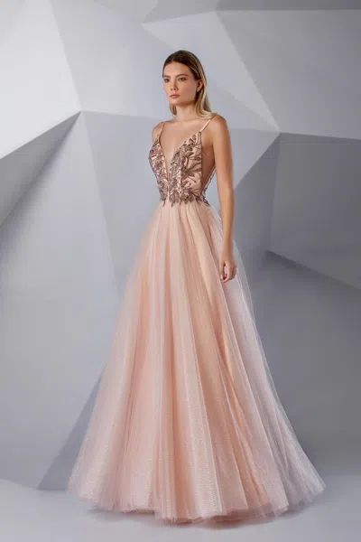 Modessa Couture M20229 Long Formal A Line Prom Beaded Dress In Pink