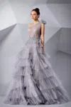 Modessa Couture M20240 Beaded Formal Long Layered Prom Dress In Gray