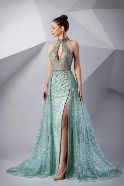 Modessa Couture M20241 Long Beaded Formal High Slit Prom Dress In Green