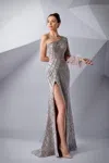 Modessa Couture M20245 Beaded Long Formal Slit Feather Prom Dress In Gray