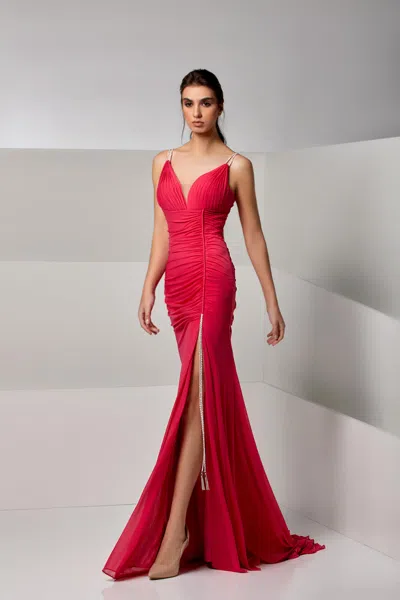 Modessa Couture M20257 Fitted Long Formal Beaded Prom High Slit Dress In Red