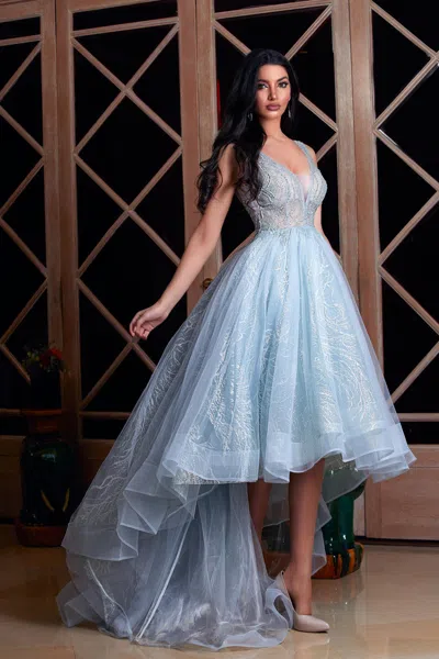 Modessa Couture M20280 High Low Formal Beaded Prom Dress In Blue