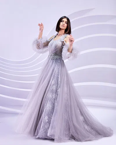 Modessa Couture M20309 Long A Line Formal Prom Floral Dress In Silver