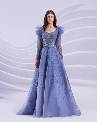 Modessa Couture M20318 Long Puff Formal A Line Evening Dress In Blue