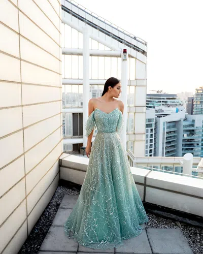 Modessa Couture M20337 A Line Long Prom Formal Beaded Dress In Blue