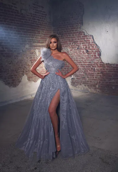 Modessa Couture M20357 Long Slit Formal Prom A Line Beaded Dress In Gray