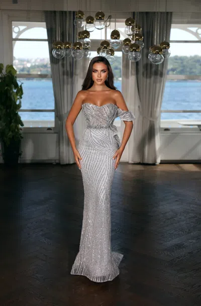Modessa Couture M22402 Long Fitted Formal Beaded Evening Porm Dress In Silver