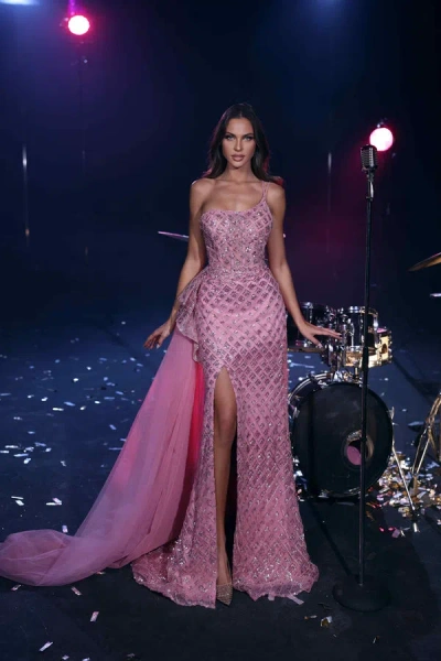 Modessa Couture M23512 Beaded Prom Fitted Corset Long Formal Slit Dress In Pink