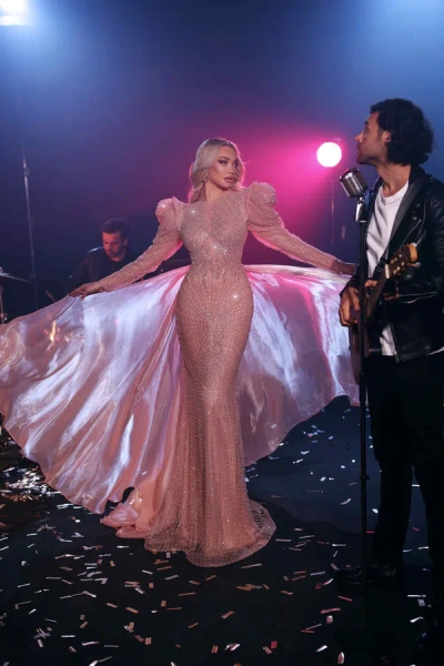 Modessa Couture M23516 Long Sleeve Formal Overskirt Evening Dress In Pink