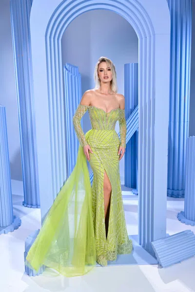 Modessa Couture M24610 Formal Long Beaded Slit Overskirt Prom Dress In Green