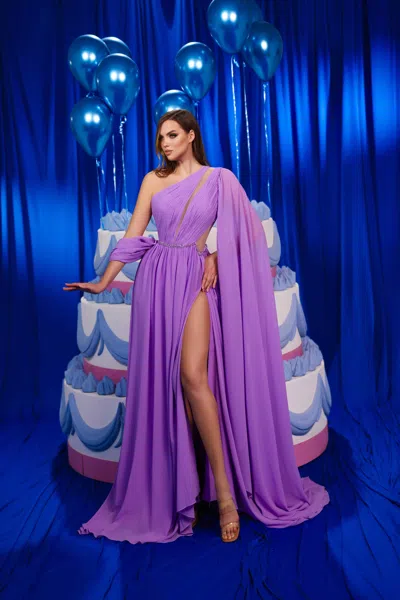 Modessa Couture M24615 Pleated Long Formal Beaded Evening Prom Cape Dress In Purple