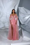 Modessa Couture M24619 Formal Long Fitted Slit Prom Feather Cape Dress In Pink