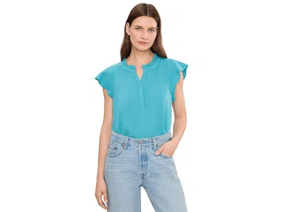 Mod-o-doc Gauze Flutter Cap Sleeve Ruffle Neck Henley Shirt In Blue