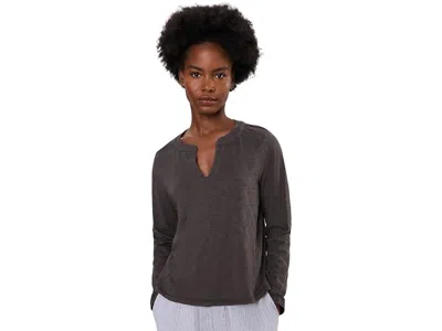 Mod-o-doc Long Sleeve Mandarin Split Neck Top Women's Clothing Washed Ebony: Xs (us 0-2), Cotton In Gray