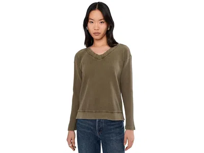 Mod-o-doc Long Sleeve Open V-neck Waffle Top In Green