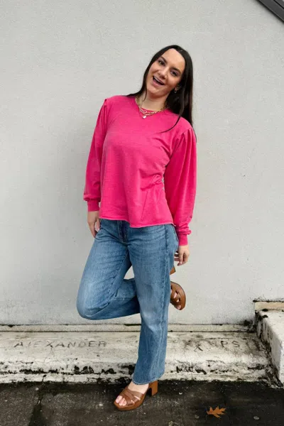 Mod-o-doc Long Sleeve Pleated Sleeve Sweatshirt In Fruit Punch In Pink