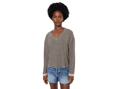 Mod-o-doc Long Sleeve V-neck Striped Easy Fit Top Women's Clothing Dark Oat/charcoal Stripe: Xl (us 16), Polye In Brown